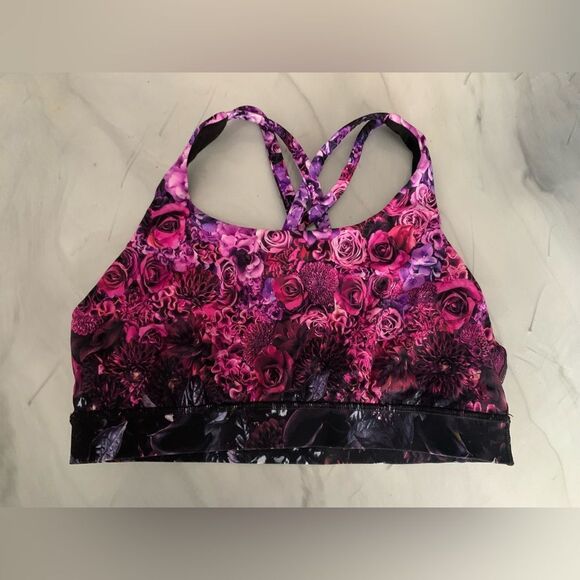 LULULEMON Energy Bra Strappy Sports Bra Black Pink Purple Rose Floral Print 8 - Picture 1 of 4